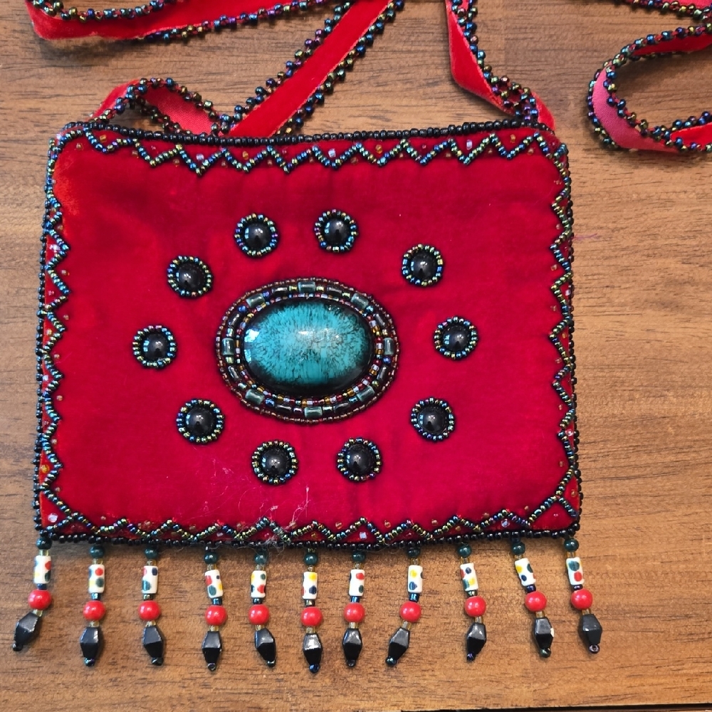 Beaded Red Velvet Crossbody Bag with Turquoise Accent